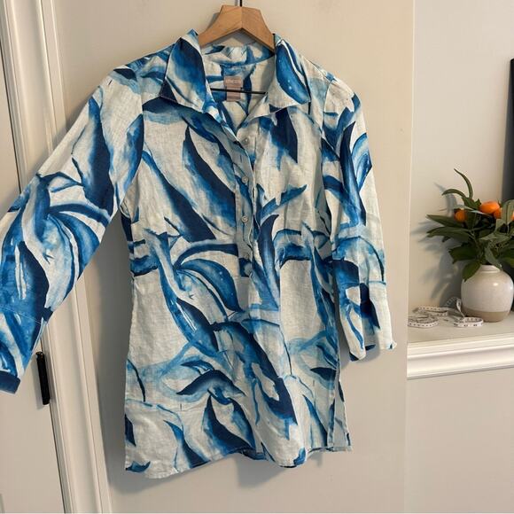Chico’s Blue White Linen Printed Tunic Top Small - Picture 5 of 11